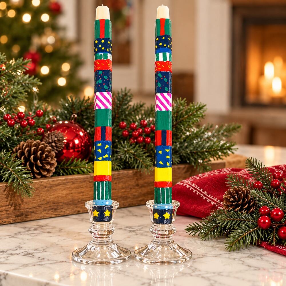 Vintage Department 56 Stacked Wrapped Gifts Taper Candles Pair 12” Christmas